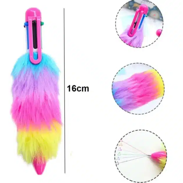 Stylish 6-in-1 Ink Rainbow Soft Plush Fur Ballpoint Pen for Kids - Image 2