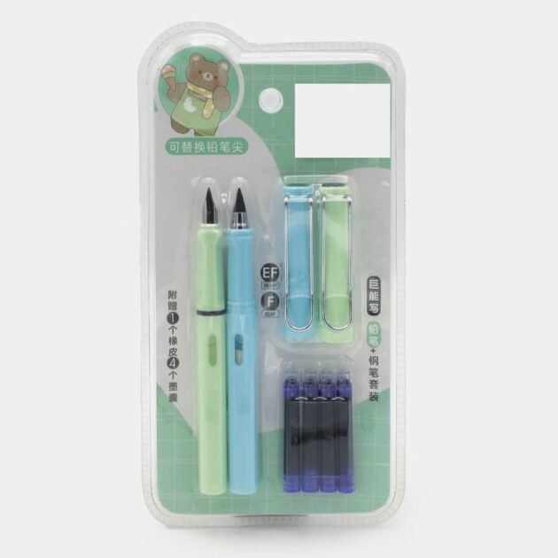 FOUNTAIN PEN & Pencil with 4 ink REFILL in  2PCS SET FOR KIDS
